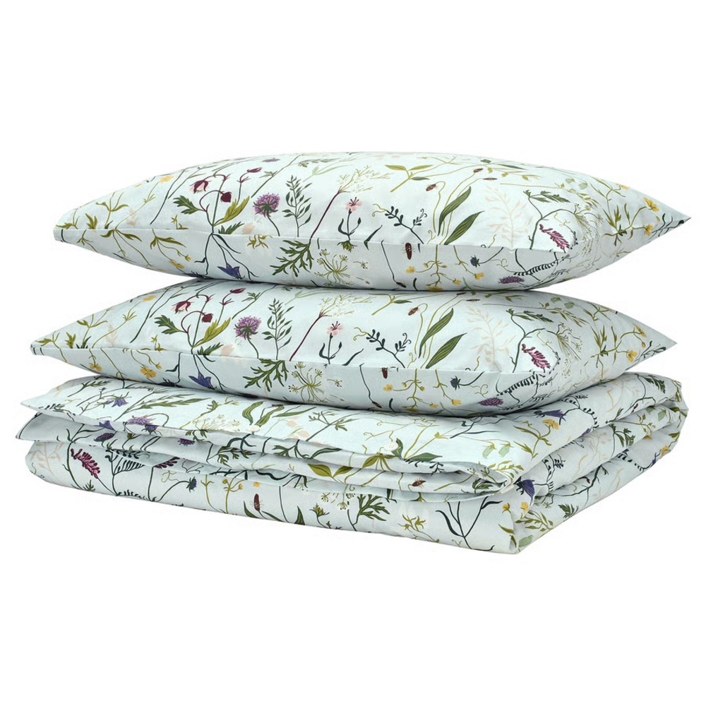 Floral Meadow Cotton Duvet Cover Set - Light Blue